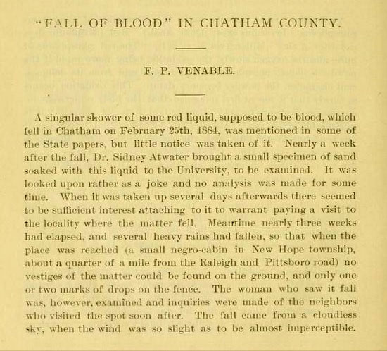 Excerpt from "'Fall of Blood' in Chatham County," by F. P. Venable, published in the <i>Journal of the Elisha Mitchell Scientific Society,</i> Vol. 1, p. 38-40, Chapel Hill, N.C. 1884. 