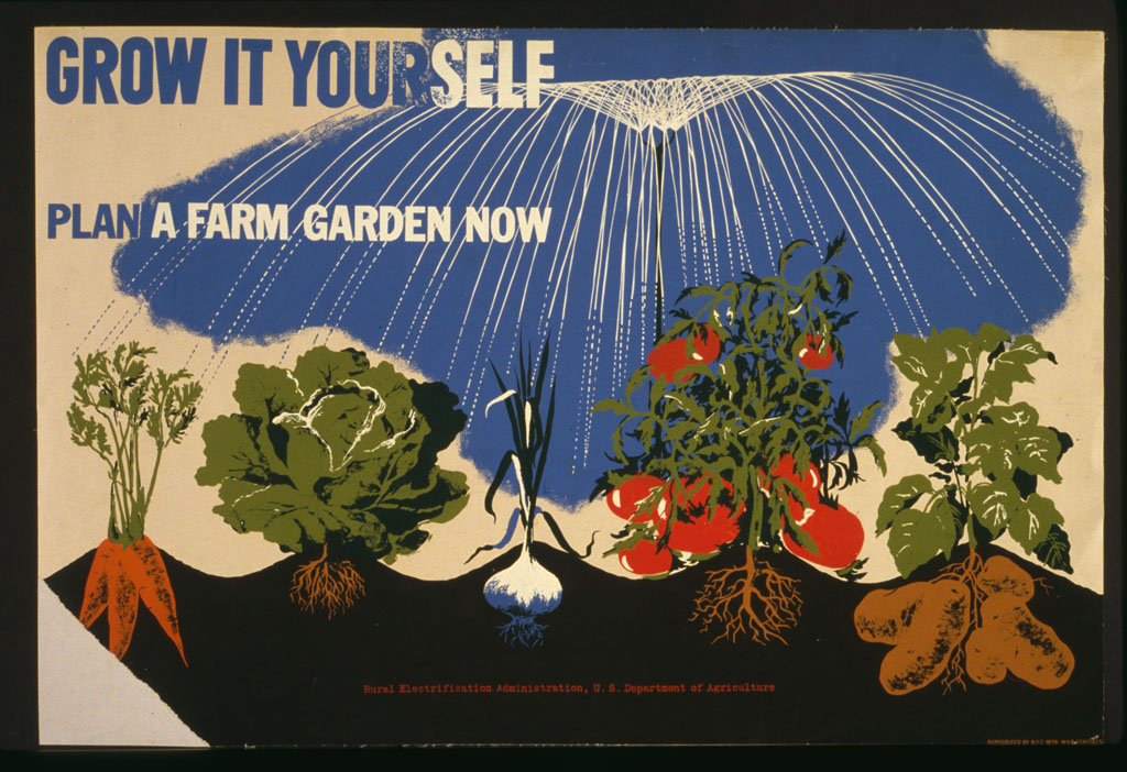 A poster promoting gardening. Vegetables are depicted. 