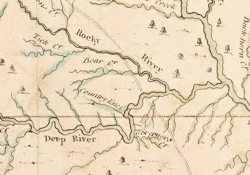 This image is an excerpt of 'A Compleat map of North-Carolina from an actual survey,' created by John Collett, J. Bayly, and Samuel Hooper, 1770. It was published in London, England. This excerpt shows the 'horseshoe' portion of the Deep River where Philip Alston had his home. The northern section of the bend, above Governor's Creek, is the location of Carbonton, the area where Loyalist Connor Dowd had his mills, tannery, and distillery.