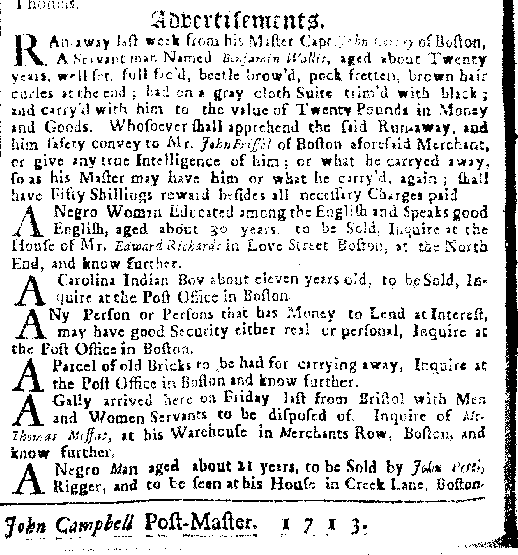 Advertisements from the Boston News-Letter, 1713