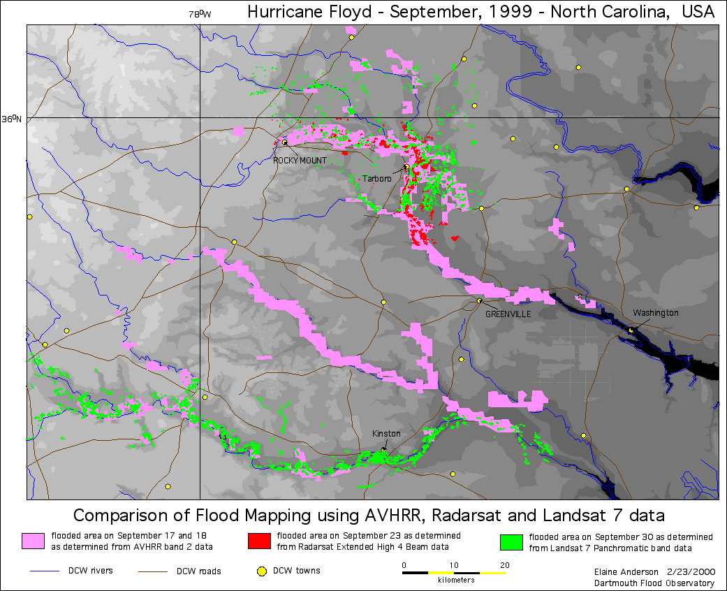 comparisons of the flood data collected by AVHRR, Radarsat, and Landsat 7