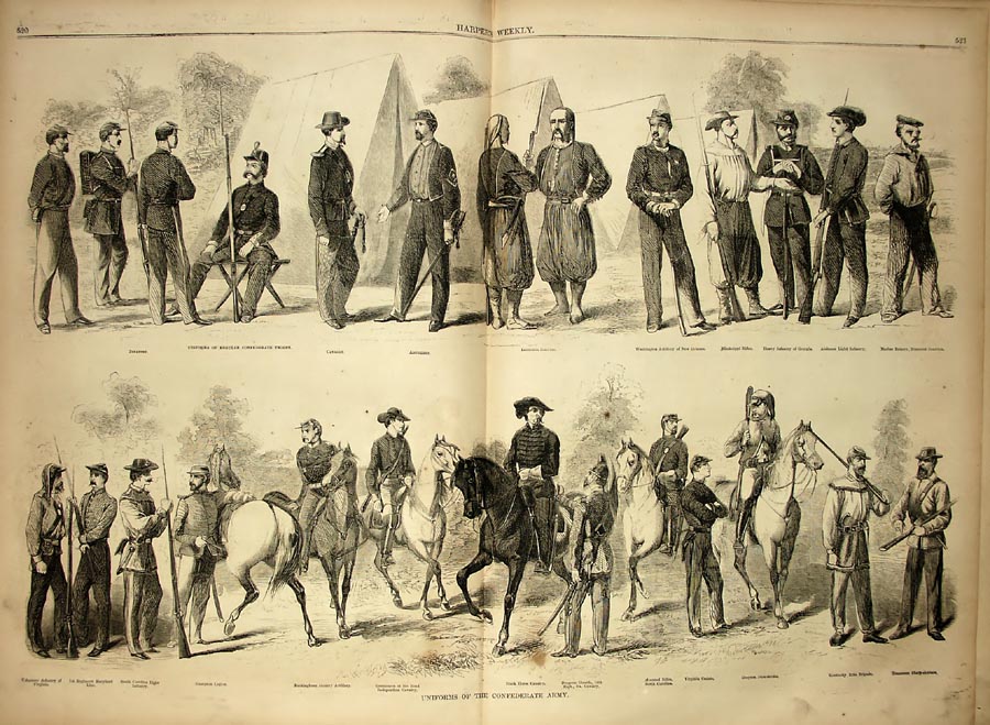 This magazine illustration shows the variety of uniforms worn by Confederate soldiers​.