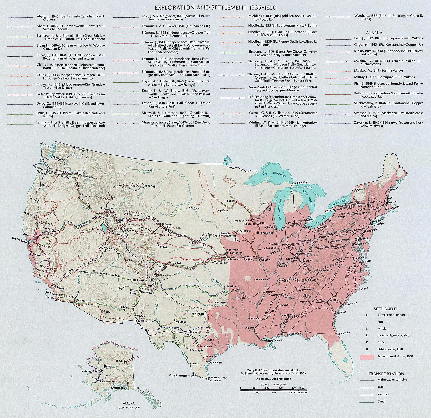 Routes of exploration and westward expansion, 1835–1850