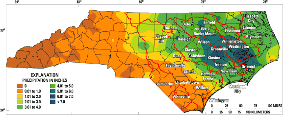 Rainfall map for Hurricane Dennis. Dense rainfall on the coast.