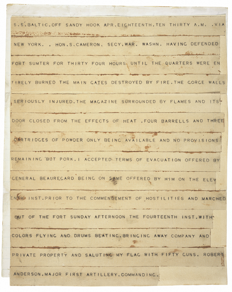 Telegram from Major Anderson announcing the surrender of Fort Sumter.