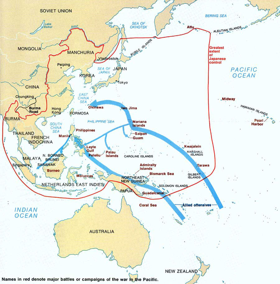 Map depicting far East Asia and the Pacific Ocean. Overlayed are unit formations and plans. 
