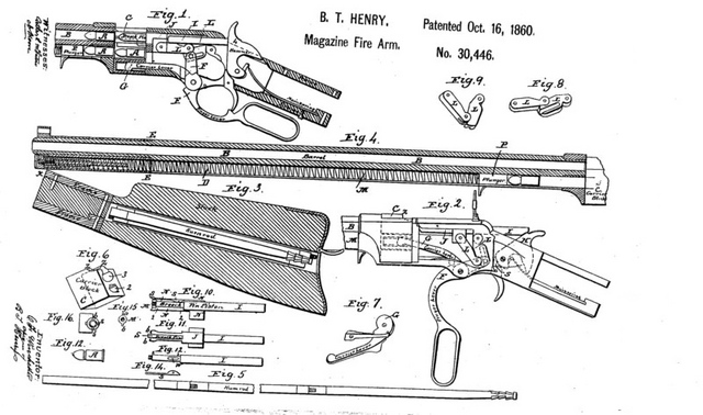 Patent drawing for the Henry rifle, invented by Benjamin Tyler Henry in 1860. Repeating rifles like the Henry gave Union troops a tremendous advantage in the field.