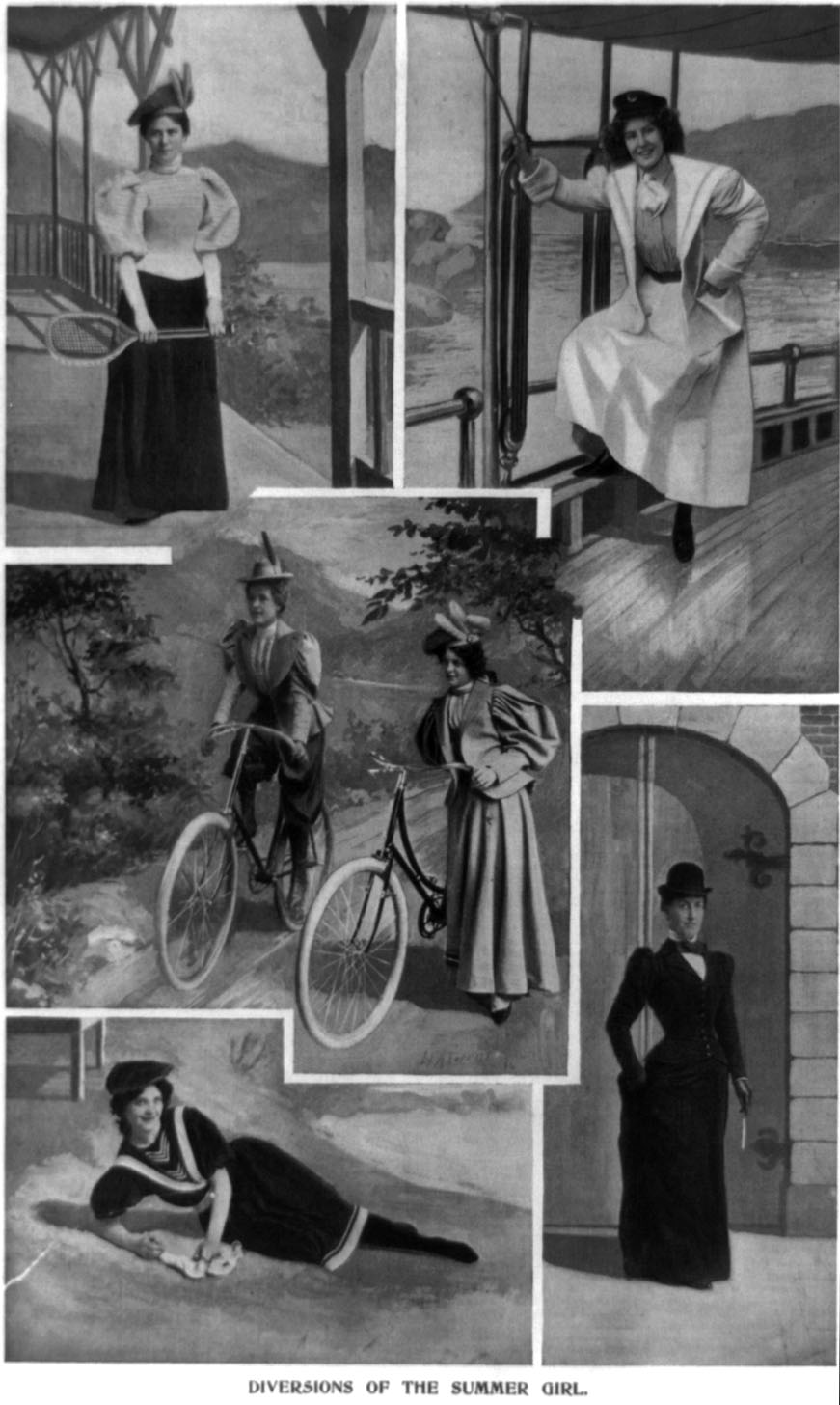 A magazine portrayed these "diversions of the summer girl in 1896, which included tennis, sailing, bicycling, and going to the beach.