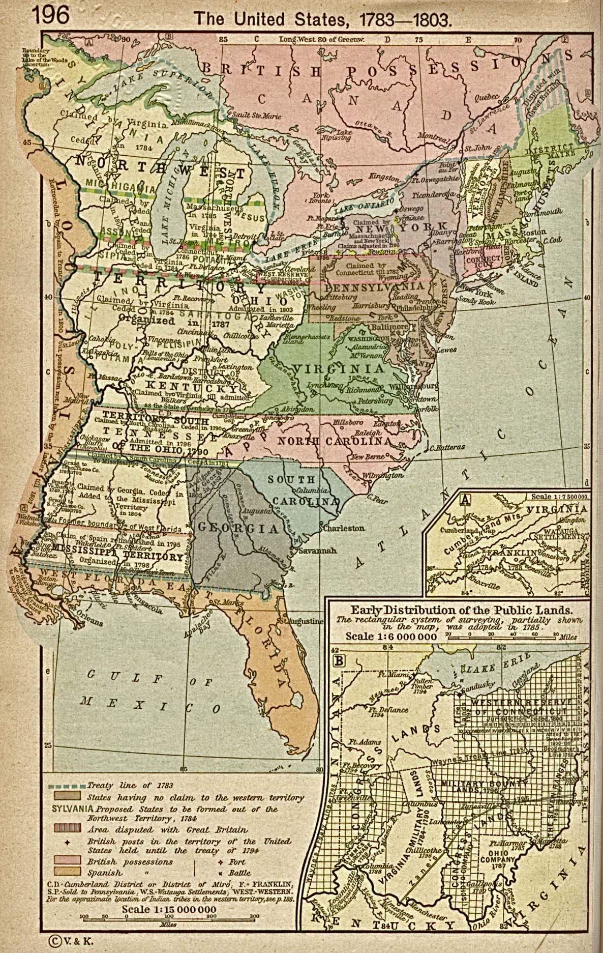 This map shows the United States as it existed between 1783 and 1803, with the State of Franklin in an inset.