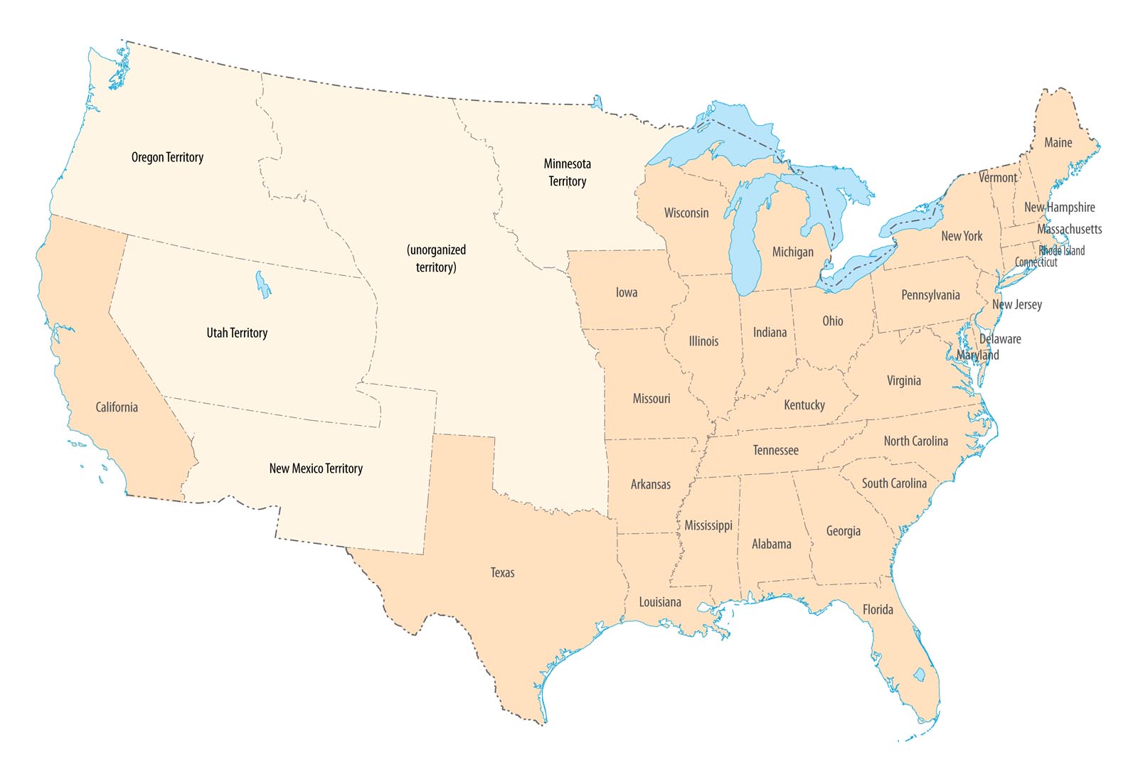 The United States and territories in 1850