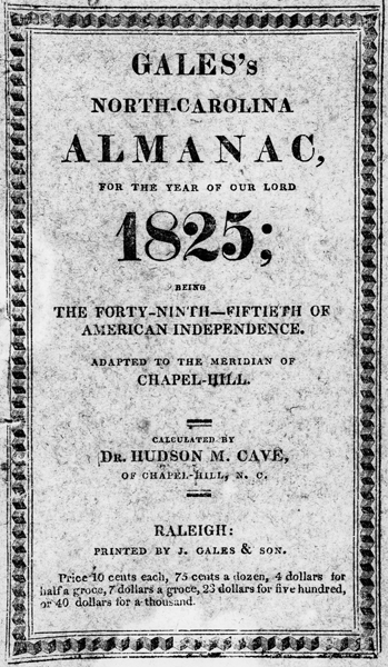 Front cover of Gale's North Carolina Almanac for the year 1825. North Carolina Collection, University of North Carolina at Chapel Hill Library.