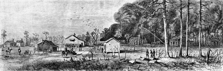 An engraving from Frank Leslie's Illustrated Newspaper, 22 Apr. 1865, showing Bentonville the morning after the battle. North Carolina Collection, University of North Carolina at Chapel Hill Library.