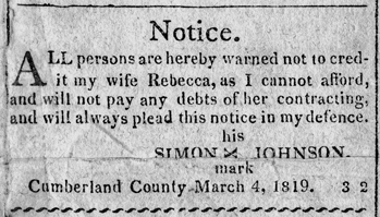 This notice from an 1819 issue of the Carolina Observer is a humorous but insightful example of the high regard accorded newspapers in local affairs early in the state's history. North Carolina Collection, University of North Carolina at Chapel Hill Library.