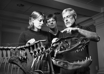 University of North Carolina at Chapel Hill geology professor Joseph Carter (right) and students examine the remains of an extinct reptile known as a rauisuchian. Carter and his students reassembled the 221 million-year-old skeleton in 1999. Photograph by Dan Sears. UNC-Chapel Hill News Services.