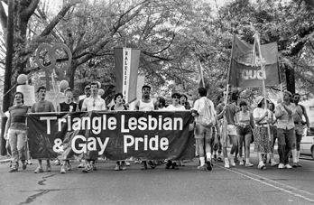 Marchers in the North Carolina Lesbian and Gay Pride Parade, Durham, 1986. North Carolina Collection, University of North Carolina at Chapel Hill Library.