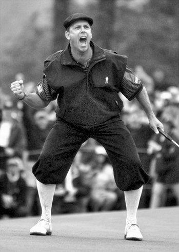 Payne Stewart reacts to his winning shot on the final hole of the 1999 U.S. Open Golf Championship at Pinehurst. Raleigh News and Observer.