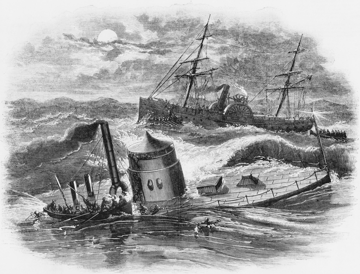 An illustration from the 24 Jan. 1863 issue of Harper's Weekly showing crewmen being rescued from the ironclad Monitor as it sinks in a storm off Cape Hatteras in December 1862. North Carolina Collection, University of North Carolina at Chapel Hill Library.