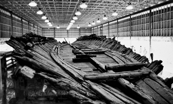 Remains of the hull of the ironclad CSS Neuse on display at the CSS Neuse State Historic Site in Kinston. North Carolina Department of Cultural Resources, Historic Sites Division.