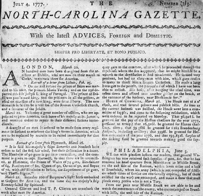 A portion of the front page of the North-Carolina Gazette for 4 July 1777. A news item with the byline “Philadelphia, June 5” describes the movements of George Washington and his army. North Carolina Collection, University of North Carolina at Chapel Hill Library.