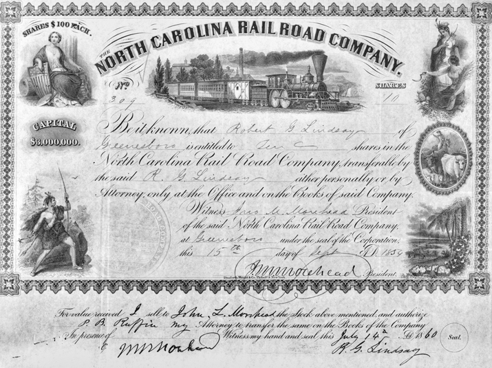 Stock certificate for the North Carolina Railroad issued in 1859 and signed by NCRR president John Motley Morehead. Courtesy of North Carolina Office of Archives and History, Raleigh.
