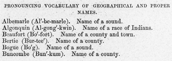 Entries from the 1851 edition of the North Carolina Reader. North Carolina Collection, University of North Carolina at Chapel Hill Library.