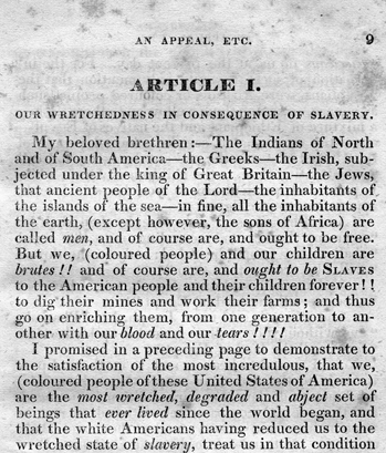 The opening of Article I of David Walker's 1829 antislavery pamphlet. North Carolina Collection, University of North Carolina at Chapel Hill Library.