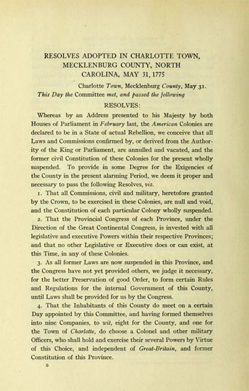 Transcription of the Mecklenburg Resolves of May 31, 1775.  From <i>Documents Illustrative of the Formation of the Union of the American States</i>, published by the Library of Congress, 1927.  Click here for transcription of the Resolves. 