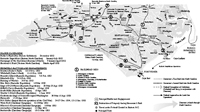 Civil War campaigns and battles. Map by Mark Anderson Moore, courtesy North Carolina Office of Archives and History, Raleigh. (Click to view map.) Civil War campaigns and battles. Map by Mark Anderson Moore, courtesy North Carolina Office of Archives and History, Raleigh. (Click to view map.)