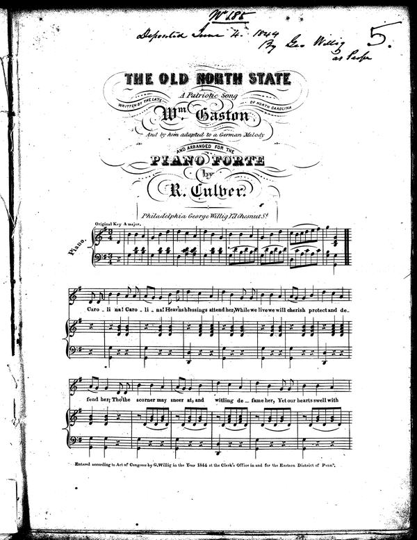 "The Old North State," lyrics by William Gaston and score by R. Culver. From the Library of Congress, American Sheet Music Collection 1820-1860.
