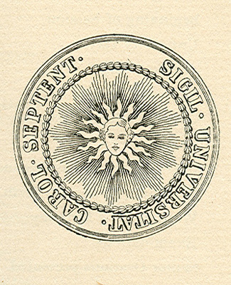 Seal. It depicts a visage inset into a sun surrounded by the Latin phrase "Carol Septent Sigil Universitat."