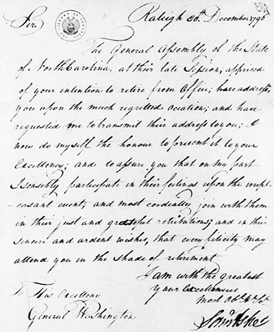 Letter from Samuel Ashe to George Washington, December 1796. Image from the Library of Congress.