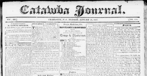 Catawba Journal was founded by Bingham in 1824. Image courtesy of DigitalNC.