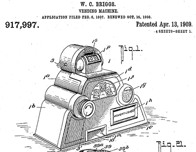 A vending machine design patented by William Cyrus Briggs in 1909. Image from Google Patents.
