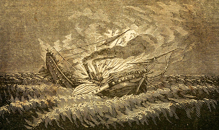 An engraving of the sinking of the Pulaski, published in 1840. Image from the Internet Archive.