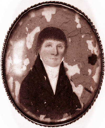 Depiction of Richard Caswell. He has medium hair and is wearing a period suit. He has large eyes. Sepia depiction.