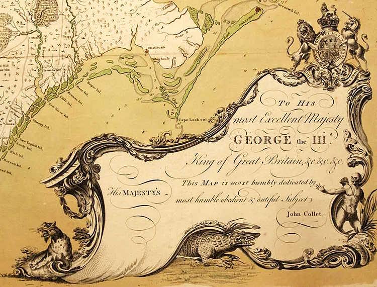 Detail of the cartouche of the 1770 Collet-Churton map, showing a tiger, alligator, and Native American. Image from Tryon Palace.