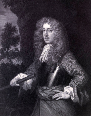 Engraved portrait of Anthony Ashley Cooper. He is holding a cane and he has on armor and a fancy shirt. He has long, curly hair and a thin moustache.