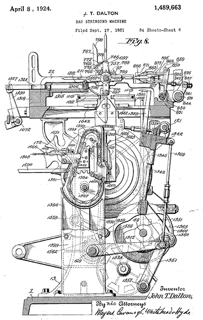 One of the drawings of John Thomas Dalton's bag-stringing machine. US Patent 1,489,663, filed September 17, 1921, and issued April 8, 1924. Image from Google Patents.
