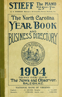 Image of the cover of <i>The North Carolina Year Book and Business Directory,</i> published 1904 by <i>The News and Observer.</i>  From Archive.org.