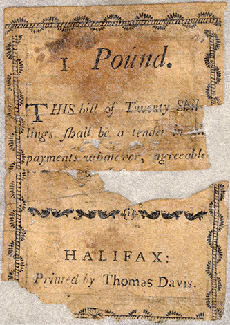 A 20 shilling (1 pound) note printed by Thomas Davis between 1783 and 1785 .  "Money, Paper, Accession #: H.1971.96.1." 1783-1785. North Carolina Museum of History.