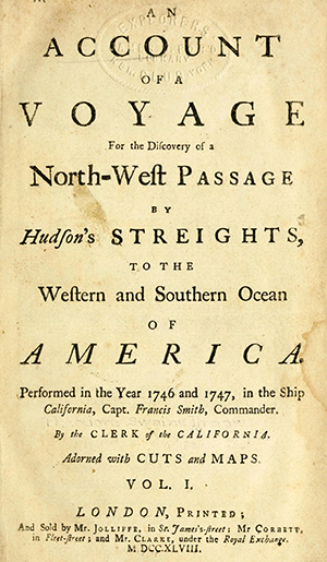 The title page of "An account of a voyage for the discovery of a north-west passage by Hudson's streights," believed to have been written by Theodorus Swaine Drage. Image from the Internet Archive.