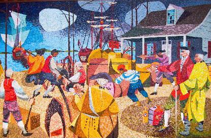 A mosaic depicting the  1748 Spanish Attack on Brunswick. Image from N.C. Historic Sites, N.C. Office of Archives & History.