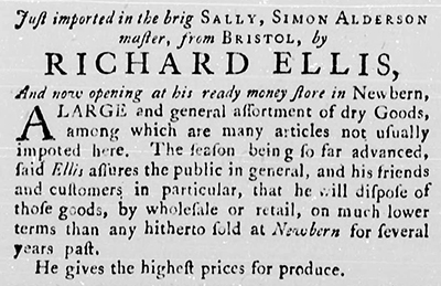 An advertisement by Richard Ellis from the January 7, 1774 edition of the North Carolina Gazette. Image from the North Carolina Digital Collections. 