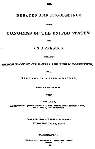 The title page of Joseph Gales's Annals of Congress, 1834. Image from Archive.org.