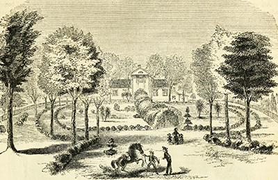 A 1857 engraving of Grist's mansion. Image from Archive.org.