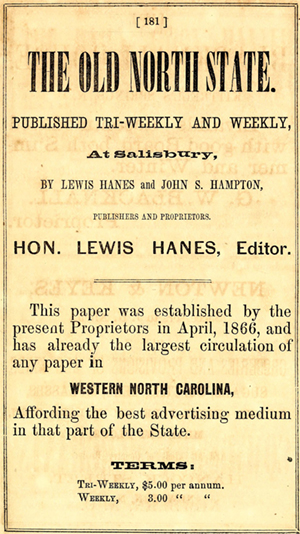 [advertisement]. Branson & Farrar's North Carolina business directory for 1866 - '67. Raleigh, N.C.: Branson & Farrar. 1866. 182.