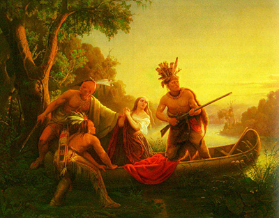 The painting The Abduction of Daniel Boone's Daughter by the Indians, 1853, by Karl Ferdinand Wimar (1828–1862). Image from Wikimedia Commons.
