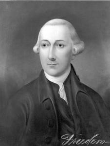 Black and white depiction of Joseph Hewes. He is wearing a powdered wig and suit, and he is smirking in the depiction. 