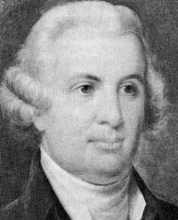 Black and white depiction of William Hooper. He has a round face, and is wearing a powdered wig and suit.