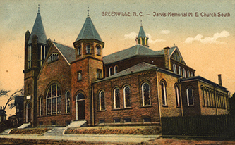 A 1910 postcard of the Jarvis Memorial Methodist Church. Image from the Eastern North Carolina Postcard Collection, East Carolina University. 